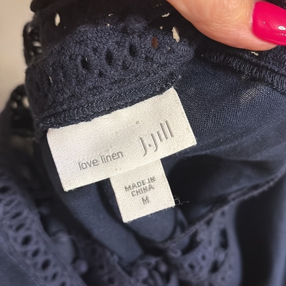 J. Jill love linen navy blue 3/4 Sleeve Blouse crochet trim relaxed fit boxy M - Picture 7 of 10
